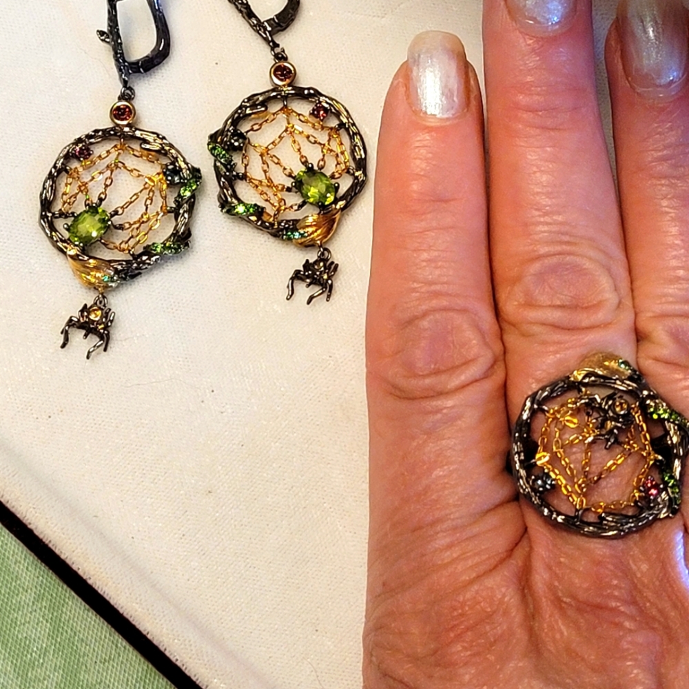 Exotic Gemstone Spiders/Webs Matching Earrings/Ring Black Rhodium Over Sterling